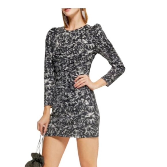 TopShop Ruched Mini Dress Sz 2 Black White Back Zip 3/4 Sleeve Monochrome DaisyX - Picture 2 of 12